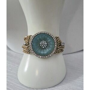 Teal Flower Multi-strand Chain Bracelet Rhinestones 5 Strand Magnetic Gold Tone